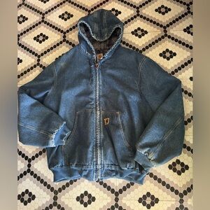 Vintage Carhartt Denim Hooded plaid Blanket Lined Large Men’s Jacket J139 DST